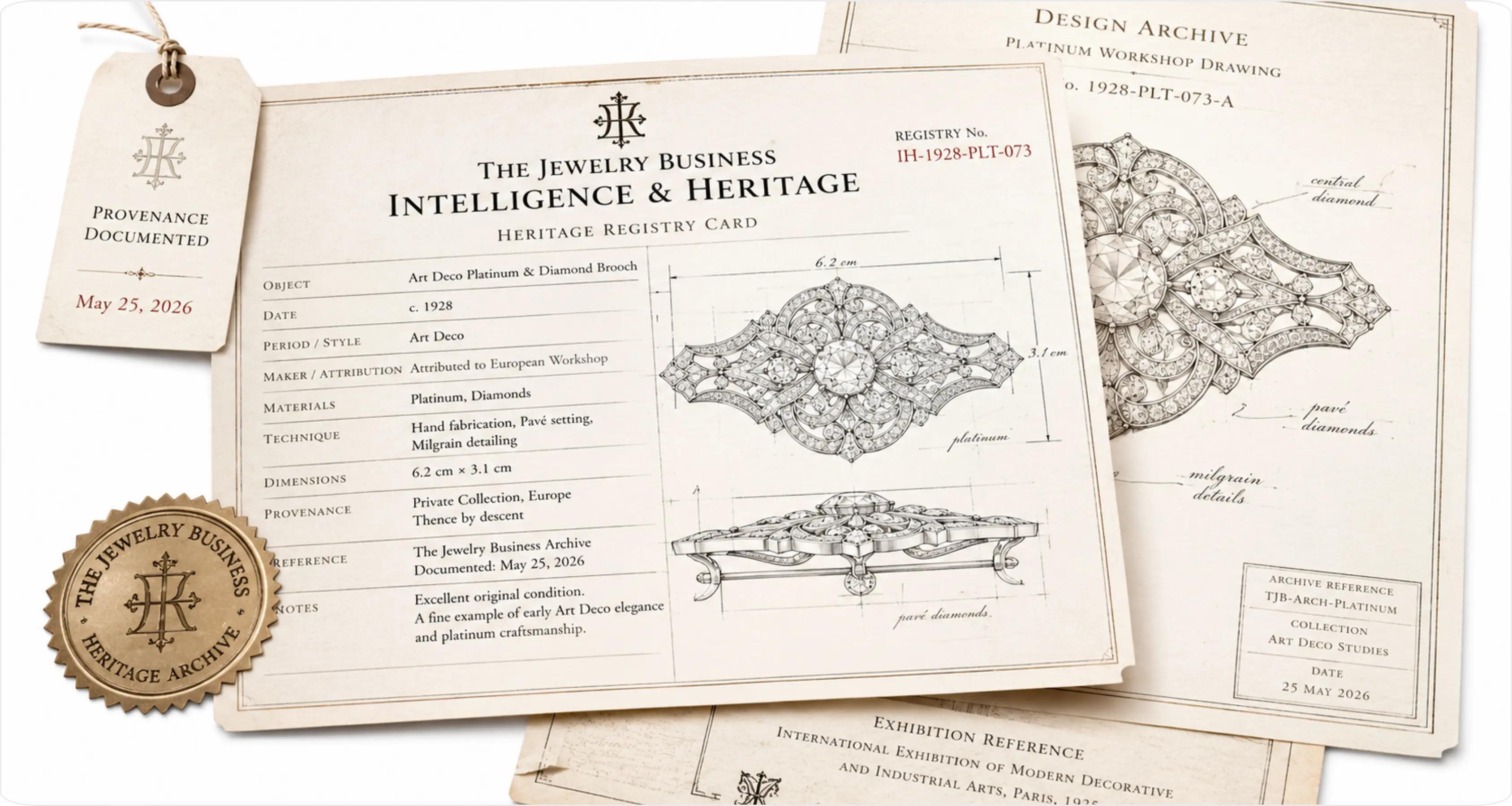 Cartão de registo patrimonial com desenhos históricos de joalharia, tipografia elegante, documentação de proveniência e composição editorial museológica sobre fundo branco contínuo.