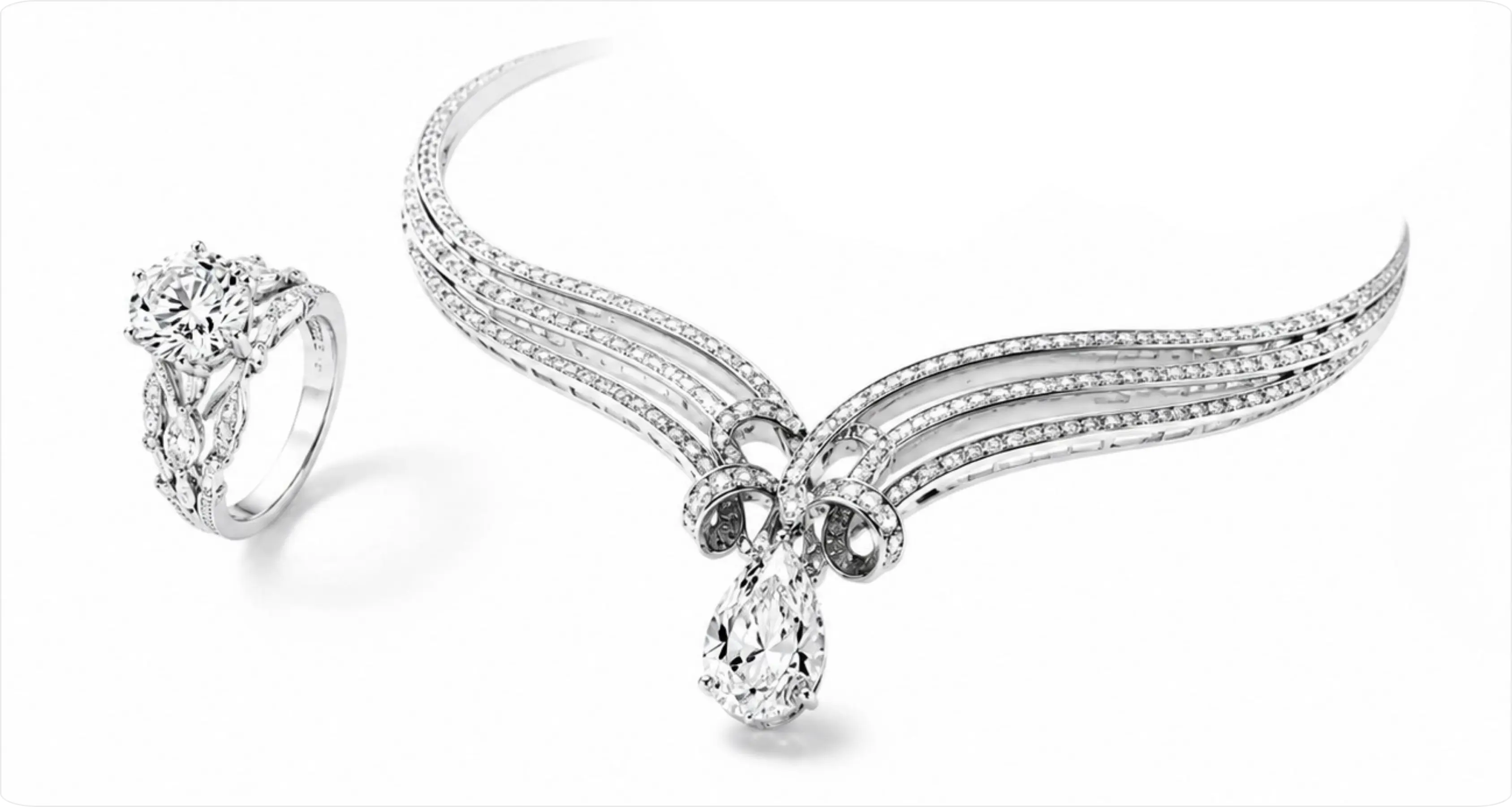 Colar elegante em platina e anel de diamante flutuando sobre fundo branco contínuo numa composição editorial premium para The Jewelry Business.